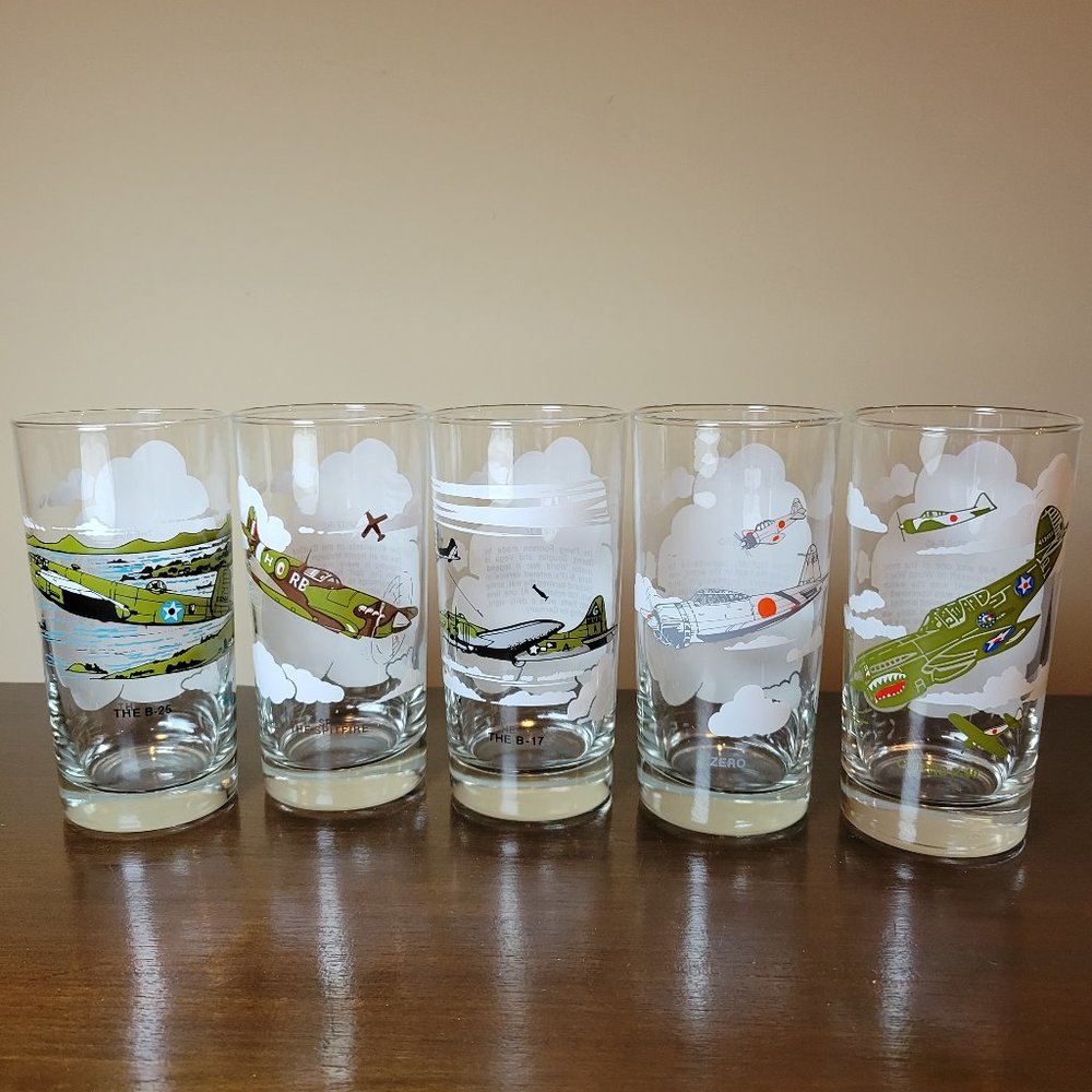 Vintage World War 2 Military Fighter Plane Airplane Drinking Glasses Set of 5